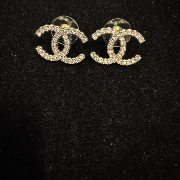 CHANEL Gold and Silver Crystal Logo Earrings - Picture 1 of 6